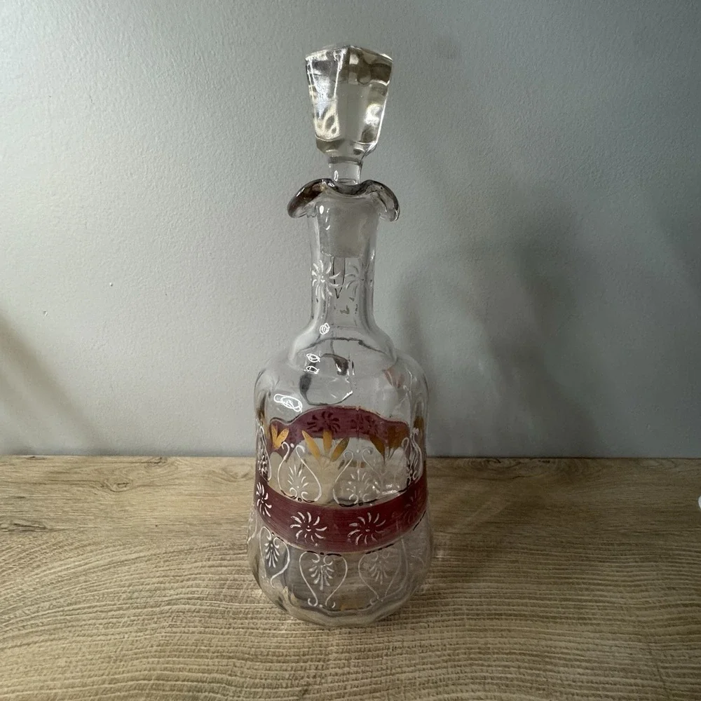 Vintage Clear Glass‎ Decanter Hand Painted Floral Jug Ewer Enamel Stopper MCM